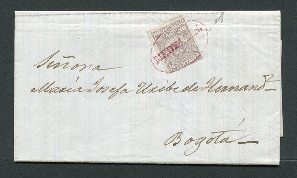 COLOMBIA - 1875 - CLASSIC ISSUES: Complete folded letter franked with 1870 10c mauve, margins large to tight (SG 65a) tied by fine strike of oval MEDELLIN cancel in red. Addressed to BOGOTA. A scarce issue on cover.  (COL/27517)