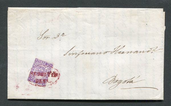 COLOMBIA - 1871 - CLASSIC ISSUES: Complete folded letter franked with 1868 10c violet, margins good to tight (SG 53) tied by good strike of oval MEDELLIN FRANCA cancel in red. Addressed to BOGOTA. A scarce issue on cover.  (COL/27518)