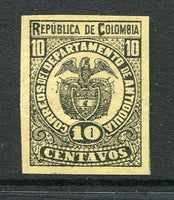 COLOMBIAN STATES - ANTIOQUIA - 1889 - COLOUR TRIAL: 10c black on yellow 'Arms' issue imperf COLOUR TRIAL in unissued colour (the issued stamp was printed in black on green). A fine example. (As SG 77)  (COL/27690)
