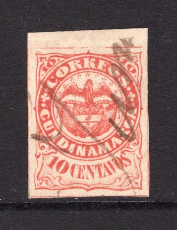 COLOMBIAN STATES - CUNDINAMARCA - 1870 - CLASSIC ISSUES & CANCELLATION: 10c scarlet, a superb top marginal copy with four large margins used with part TURMEQUE manuscript cancel (SG 2)  (COL/27704)