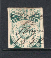 COLOMBIAN STATES - TOLIMA - 1871 - TOLIMA - CLASSIC ISSUES: 50c deep green used with nice three line IBAGUE 1872 manuscript cancel, four margins. Light vertical crease but a scarce stamp in genuine used condition. (SG 16)  (COL/27705)