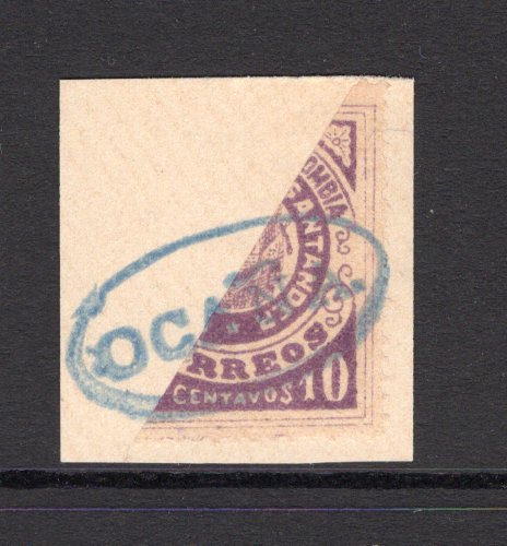 COLOMBIAN STATES - SANTANDER - 1889 - BISECT: 10c violet diagonally BISECTED and tied on small piece by fine strike of oval OCANA cancel in blue. (SG 12)  (COL/27725)