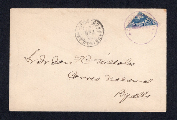COLOMBIAN STATES - BOLIVAR - 1902 - BISECT: Small unsealed cover franked with 1891 20c blue (SG 59) QUADRISECTED to pay the 5c rate tied by small CORREOS DEPARTMENTALES BARRANQUILLA in violet with BARRANQUILLA cds in black alongside. Addressed locally. Scarce.  (COL/27728)