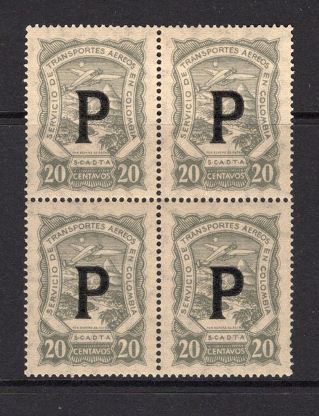 COLOMBIAN AIRMAILS - SCADTA - 1923 - MULTIPLE: 20c grey Scadta 'Consular' issue with 'P' overprint for use in PANAMA, a fine mint block of four. (SG 29K)  (COL/27822)