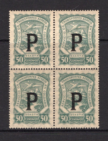 COLOMBIAN AIRMAILS - SCADTA - 1923 - MULTIPLE: 50c dull green Scadta 'Consular' issue with 'P' overprint for use in PANAMA, a fine mint block of four. (SG 31K)  (COL/27825)