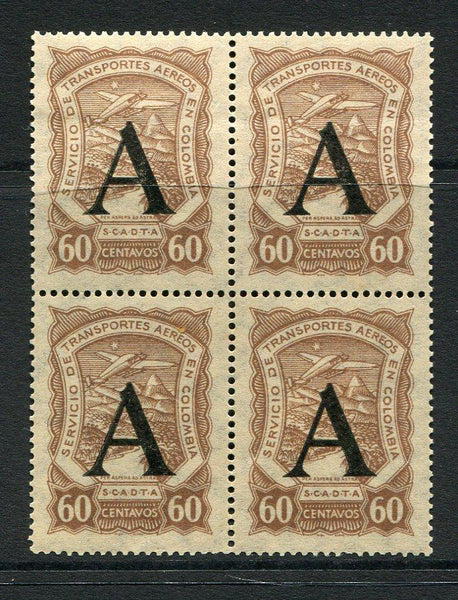 COLOMBIAN AIRMAILS - SCADTA - 1923 - MULTIPLE: 60c yellow brown Scadta 'Consular' issue with 'A' overprint for use in GERMANY, AUSTRIA & CZECHOSLOVAKIA, a fine mint block of four. (SG 32A)  (COL/27828)