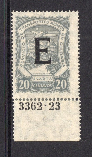 COLOMBIAN AIRMAILS - SCADTA - 1923 - CONSULAR ISSUE: 20c grey Scadta 'Consular' issue with 'E' overprint for use in SPAIN, a fine mint bottom marginal copy with the small '3362-23' numeral handstamp in margin. (SG 29E)  (COL/27831)