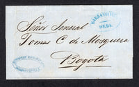 COLOMBIA - 1857 - PRESTAMP: Cover from BARRANQUILLA to BOGOTA with blue firms cachet at lower left and good strike of  oval BARRANQUILLA DEBE marking in blue with dividing line in centre of oval, without any rate marking.  (COL/27865)