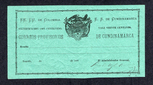 COLOMBIAN STATES - CUNDINAMARCA - 1883 - CUBIERTA: 20c black on green PROVISIONAL 'Cubierta' (H&G MCC1) with 'Official' signature at lower right. Fine mint with full gum on reverse. A very scarce item.  (COL/27881)