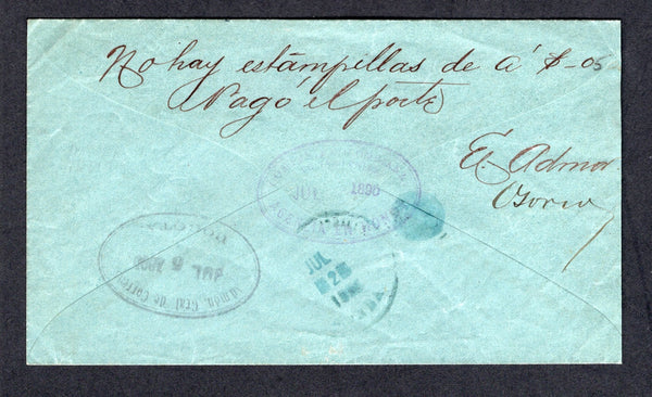 COLOMBIA - 1895 - STAMP SHORTAGE: Stampless cover with manuscript 'No hay estampillas de a '$_05 Pago el porte El Admor Azoria' on reverse with oval AGENCIA DE HONDA marking and somewhat blurred HONDA cds dated JUL 2 1895. Addressed to BOGOTA with oval arrival mark also on reverse. A scarce period of stamp shortage.  (COL/27882)