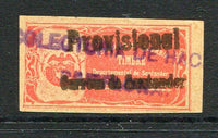 COLOMBIAN STATES - SANTANDER - 1903 - PROVISIONAL ISSUE: 50c red 'Postal Fiscal' issue with 'PROVISIONAL CORREOS DE SANTANDER' overprint but handstamped rather than machine printed (this was a provisional handstamp made in  Pamplona and used for a very short time). A fine used copy with part strike of straight line 'COLECTURIA DE HACIENDA PAMPLONA' cancel in purple. (As SG 21)  (COL/28363)