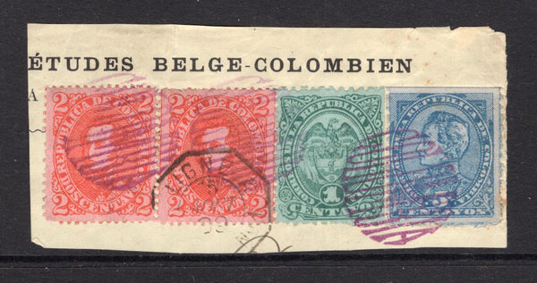 COLOMBIA - 1886 - CANCELLATION: 1c blue green on bluish, pair 2c red on rose and 5c blue on blue all tied on piece by circular 'COLOMBIA' cancels in violet with part strike of octagonal LIGNE A PAQ FR No.1 French maritime cds dated 1889. (SG 120a, 121 & 124)  (COL/28420)