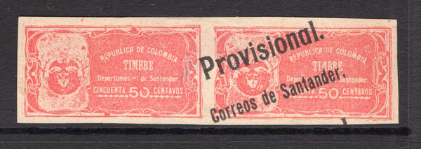 COLOMBIAN STATES - SANTANDER - 1903 - VARIETY: 50c rose 'Postal Fiscal' issue with 'PROVISIONAL CORREOS DE SANTANDER' overprint, a fine unused pair with variety OVERPRINT OMITTED on left hand stamp. (SG 21 variety)  (COL/28423)