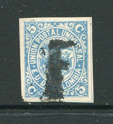 COLOMBIA - 1881 - CANCELLATION: 5c ultramarine 'UPU' issue, Redrawn type, a fine used four margin copy with excellent strike of the 'F' handstamp cancel in black. (SG 100a)  (COL/28612)