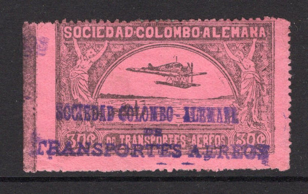 COLOMBIAN AIRMAILS - SCADTA - 1920 - VALIENTE ISSUE: 30c black on rose 'Valiente' issue a very fine used copy with two line SOCIEDAD COLOMBO ALEMANA TRANSPORTES AEREOS cancel in purple. (SG 1)  (COL/2923)