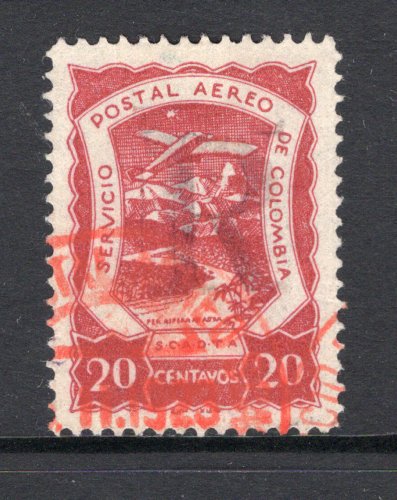 COLOMBIAN AIRMAILS - SCADTA - 1921 - REGISTRATION ISSUE: 20c orange brown with medium 'R' handstamp in black, a fine used copy with part red cds. (SG R33c)  (COL/2930)