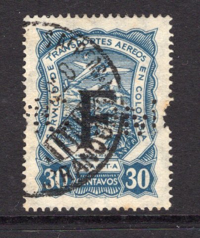 COLOMBIAN AIRMAILS - SCADTA - 1923 - PERFIN: 30c blue Scadta 'Consular' issue with 'F' overprint for use in France, a fine copy with 'D.M.C.' PERFIN of 'Dollfus-Mieg & Cie', used with part BARRANQUILLA cds dated 1928. Very scarce. (SG 30G)  (COL/2936)