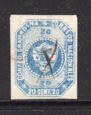 COLOMBIA - 1859 - CLASSIC ISSUES: 20c blue 'First Issue' a superb used copy with neat central 'X' in manuscript, four huge margins. Exceptional quality. (SG 5)  (COL/29387)