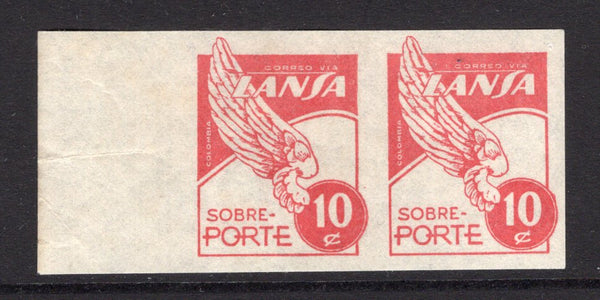 COLOMBIAN AIRMAILS - LANSA - 1950 - VARIETY: 10c red 'Wing' issue a fine mint side marginal IMPERF PAIR. Scarce. (SG 2 variety)  (COL/2938)