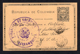 COLOMBIA - 1902 - 1000 DAYS WAR: 2c black on pinkish buff postal stationery card (H&G 13b) used with two strikes of BARRANQUILLA cds dated 17 FEB 1902. Addressed to USA with fine strike of large 'Arms' censor marking in purple on front and USA arrival mark on reverse.  (COL/29449)