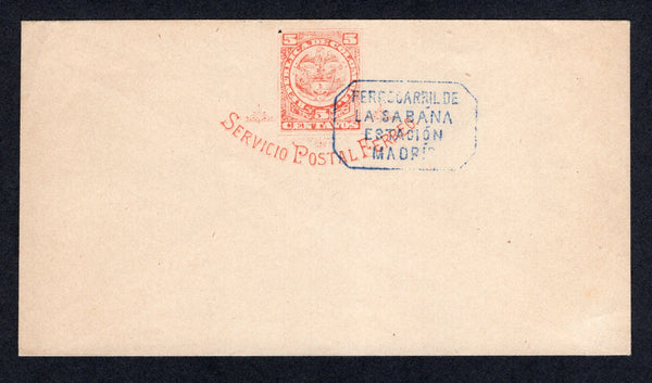 COLOMBIA - 1890 - POSTAL STATIONERY & TRAVELLING POST OFFICES: 5c brick red on wove paper 'SERVICIO POSTAL FERRO' postal stationery envelope (H&G B6D) unused with superb strike of boxed 'FERROCARRIL DE LA SABANA ESTACION MADRID' cancel in blue on front. It is believed that ESTACION MADRID pre cancelled all of their envelopes in this manner prior to use. Very rare.  (COL/29450)