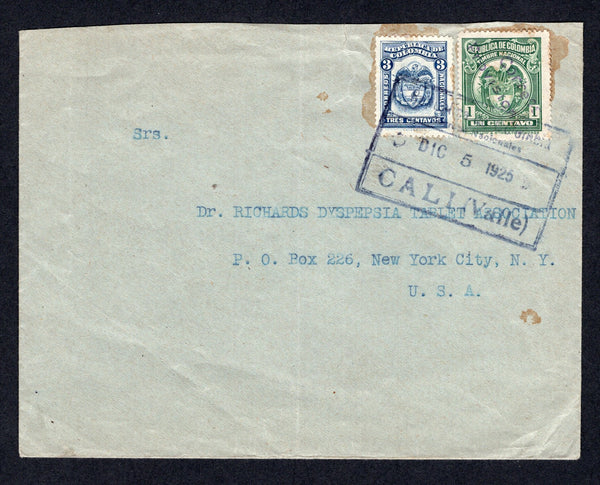 COLOMBIA - 1925 - POSTAL FISCAL & PROVISIONAL ISSUE: Cover franked with 1923 3c blue (SG 394) and 1920 1c green 'Waterlow' REVENUE issue with diagonal 'Correos Provisional' handstamp in purple both tied by boxed CALI (VALLE) cancel in blue black dated DEC 5 1925. Addressed to USA. A rare & largely unlisted provisional issue.  (COL/29454)