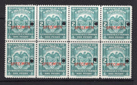 COLOMBIA - Circa 1940 - REVENUE, SPECIMEN & MULTIPLE: 2p turquoise 'Arms' REVENUE issue inscribed 'Timbre Nacional Servicio Exterior'. A fine block of eight each stamp with 'SPECIMEN' opt in red and small hole punch. Ex ABNCo. archive.  (COL/29458)