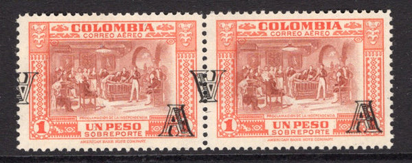 COLOMBIAN AIRMAILS - AVIANCA - 1950 - AVIANCA - VARIETY: 1p brown red & orange red 'Air' issue with variety small 'A' overprint DOUBLE ONE INVERTED. A fine mint pair. (SG 18 variety)  (COL/2945)