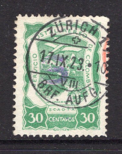 COLOMBIAN AIRMAILS - 1922 - SCADTA - CONSULAR ISSUE: 30c green Scadta 'Consular' issue with 'S' handstamp in purple for use in SWITZERLAND & LICHTENSTEIN, a superb used copy with ZURICH cds dated 17 IX 1923. (SG 19I)  (COL/29471)