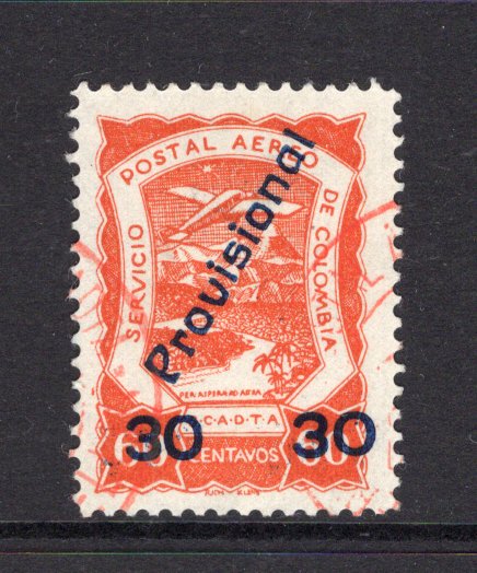 COLOMBIAN AIRMAILS - SCADTA - 1923 - PROVISIONAL ISSUE: 30c on 60c orange 'Scadta' PROVISIONAL overprint issue, a fine cds used copy. (SG 53)  (COL/29472)