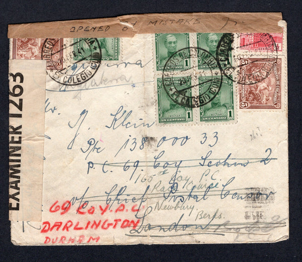 COLOMBIA - 1941 - PRISONER OF WAR MAIL: Cover franked with 1939 1c blue green block of four & single, 2 x 5c reddish brown and 1940 ½c scarlet TAX issue (SG 533, 535 & 543) all tied by EL COLEGIO (CUND) cds's dated 20 FEB 1941 with large boxed 'CAFÉ RESTAURANTE CASA PORVENIR PENSION PARA FAMILIAS ADMINISTRACION ALEMANA EL COLEGIO CUNDIN. COLOMBIA. S.A.' cachet on reverse. Addressed to 'J Klein, Pte 138 000 33 P.C. 69 Coy Schow 2 c/o Chief Postal Censor London' and readdressed first to the POW Camp at 'Newb