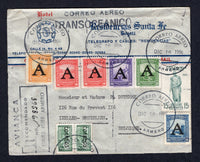 COLOMBIAN AIRMAILS - AVIANCA - 1950 - CANCELLATION: Registered airmail cover franked with 1948 15c green and pair 2c green with 'CORREOS' overprints national issues (SG 688 & 690) plus 1950 5c yellow, 2 x 10c vermilion, 15c blue, 20c violet and 30c green AIR issue with large 'A' overprint of AVIANCA (SG 1/5) all tied by CORREO AEREO ARMERO cds's dated DEC 16 1950 with boxed 'AVIANCA RECOMENDADO CORREO AEREO ARMERO' registration marking alongside all in black. Addressed to BELGIUM with transit marks on reve