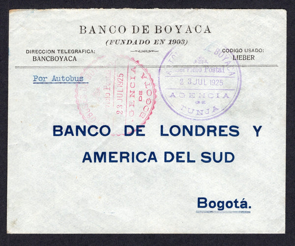 COLOMBIAN PRIVATE EXPRESS COMPANIES - 1925 - AUTOBUSES DE BOYACA: Stampless printed 'Banco de Boyaca' cover with typed 'POR AUTOBUS' at top with fine strike of large AUTOBUSES DE BOYACA SERVICIO POSTAL AGENCIA DE TUNJA originating cds in purple dated 23 JUL 1925. Addressed to BOGOTA with good strike of large AUTOBUSES DE BOYACA SERVICIO POSTAL AGENCIA DE BOGOTA arrival cds in red dated the same day all on front. The reverse has a long black on blue label inscribed 'Si no fuere hallado devuelvase' return la