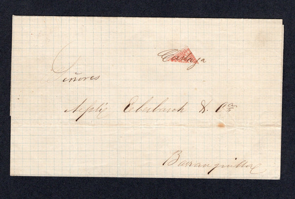 COLOMBIAN STATES - BOLIVAR - 1872 - BOLIVAR - CLASSIC ISSUES & BISECT: Cover datelined 'CARTAGENA FEBRUARY 28 1872' in manuscript on inside flap, franked with diagonally BISECTED 1863 10c rose (SG 2) tied by superb 'CARTAGA' manuscript cancel. Addressed to BARRANQUILLA. Fine & rare.  (COL/29488)