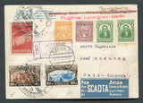 COLOMBIAN AIRMAILS - SCADTA - 1931 - FIRST FLIGHT & COMBINATION MAIL: PPC franked with Russia 1929 10k+2k red brown & sepia and 20k+2k light blue & sepia and 1931 20k scarlet 'Zeppelin' issue tied by AIRMAIL USSR LENINGRAD - BERLIN cancel with added Colombia 1917 2 x 1c green and 1929 5c orange yellow and 10c red brown SCADTA issue. Flown on the 'Reopening of the Leningrad-Berlin Air Route' flight with various flight cachets. Addressed to CALI, COLOMBIA with boxed LENINGRAD registration marking.