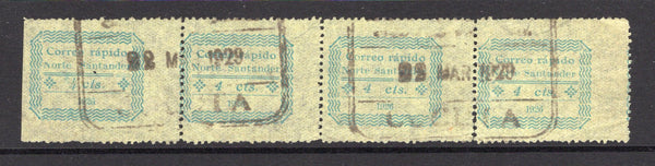 COLOMBIAN PRIVATE EXPRESS COMPANIES - 1926 - CORREO RAPIDO DE NORTE SANTANDER: 4c blue on yellow pelure paper 'Correo Rapido de Norte Santander' EXPRESS issue a wonderful strip of four, the first stamp showing variety 'Open 4' (position 13 in sheet) used with two strikes of boxed CUCUTA cancel dated 1929. A very rare used multiple. (Hurt & Williams #S1 & S1c)  (COL/2962)