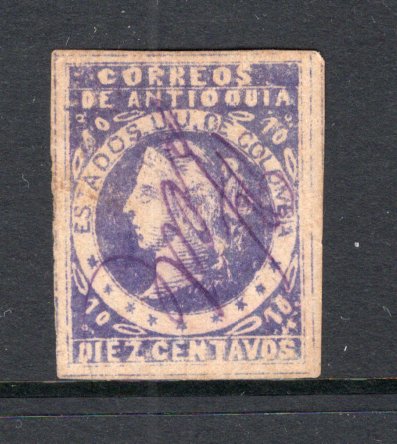COLOMBIAN STATES - ANTIOQUIA - 1882 - CLASSIC ISSUES: 10c violet 'Liberty' issue on LAID paper, a very fine used four margin copy with ZEA manuscript cancel. A scarce and underrated stamp. 2007 Colomphil certificate accompanies. (SG 36)  (COL/29905)
