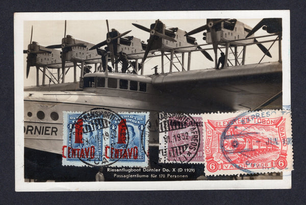 COLOMBIAN AIRMAILS - SCADTA - 1932 - FIRST FLIGHT & PRIVATE EXPRESS COMPANIES: Photographic PPC 'Riesenflugboot Dornier Do. X (D 1929)' showing a fantastic close up image of the Dornier DOX aircraft franked on picture side with 1932 2 x 1c on 4c blue, 10c red brown 'Correo Aereo' overprint issue (SG 428 & 414) tied by CALI SCADTA cds's dated 29 VI 1932 and Tobon 1927 6c red EL EXPRESO TOBON 'Train' issue (Hurt & Williams #S24) tied by oval EXPRESO TOBON cancel in blue black. Flown on the Cali - Bogota firs