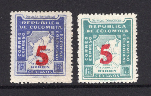 COLOMBIAN PRIVATE EXPRESS COMPANIES - 1934 - RIBON: 5c on 12c violet blue and 5c on 18c blue green 'Ribon' EXPRESS issue the pair fine mint. (Hurt & Williams #9/10)  (COL/31310)