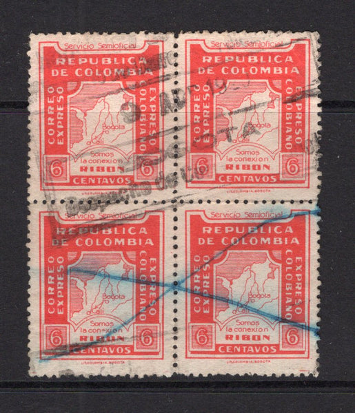 COLOMBIAN PRIVATE EXPRESS COMPANIES - 1930 - RIBON: 6c red 'Ribon' EXPRESS issue a fine used block of four with manuscript cancel and part boxed  BOGOTA cancel in black. (Hurt & Williams #4)  (COL/31311)