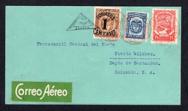 COLOMBIAN AIRMAILS - SCADTA - 1926 - FIRST FLIGHT: Cover franked with 1923 3c blue & 1925 1c on 3c brown National issues (SG 394 & 405) plus SCADTA 1923 15c carmine red (SG 39) tied by BUCARAMANGA cds's in red dated 27 III 1926. Flown on the BUCARAMANGA - PTO WILCHES flight by COSADA with small triangular 'BUCARAMANGA PUERTO WILCHES SCADTA' first flight cachet in black. Addressed to PUERTO WILCHES with arrival cds on reverse. A scarce flight. (Muller #40, rated 1500pts)  (COL/31366)