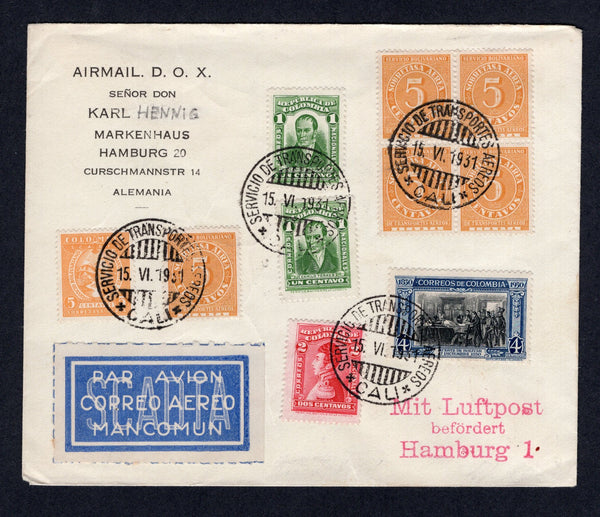 COLOMBIAN AIRMAILS - SCADTA - 1931 - FIRST FLIGHT: Cover franked with 1917 pair 1c green and 2c carmine, 1930 4c black & blue plus SCADTA 1929 2 x 5c orange yellow and 1929 block of four 5c orange 'Gold Currency' issue (SG 358, 359, 56 & 71) tied by CALI SCADTA cds's dated 15 VI 1931 with large blue & white SCADTA airmail label alongside. Flown on the BARRANQUILLA - NEW YORK first flight with BARRANQUILLA despatch cds dated 16 VI 1931 on reverse with illustrated first flight cachet in black. (Muller #72)  