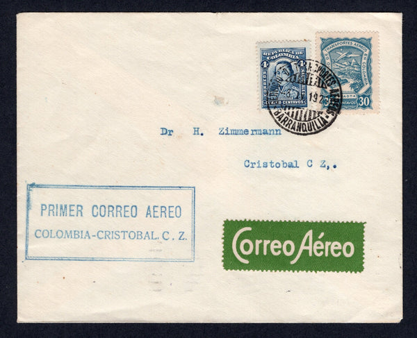 COLOMBIAN AIRMAILS - SCADTA - 1929 - FIRST FLIGHT: Cover franked 1923 4c blue National issue (SG 395) and SCADTA 1923 30c dull blue (SG 41) tied by BARRANQUILLA SCADTA cds dated 3 IV 1929. Flown on the BARRANQUILLA - CRISTOBAL, CANAL ZONE first flight with boxed 'PRIMER CORREO AEREO COLOMBIA - CRISTOBAL. C.Z.' first flight cachet in blue on front and CRISTOBAL arrival cds dated APR 3 1929 on reverse. (Muller #51, rated 1250pts)  (COL/31373)