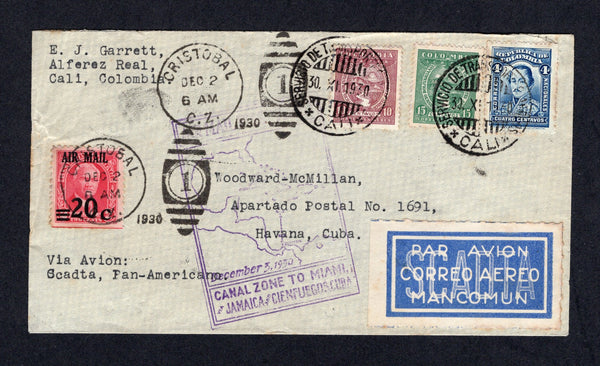 COLOMBIAN AIRMAILS - SCADTA - 1930 - FIRST FLIGHT & MIXED FRANKING: Airmail cover franked with 1923 4c blue National issue (SG 395) plus 1929 10c red brown and 15c green SCADTA issue (SG 57/58)  tied by CALI SCADTA cds's dated 30. XI. 1930. Addressed to CUBA with added Canal Zone 1929 20c carmine CANAL ZONE 'Air' overprint issue (SG 125) tied by CRISTOBAL cds dated 2 DEC 1930 paying the onward airmail transmission to the USA. Flown on the Canal Zone - Cuba flight with large boxed first flight cachet in pur