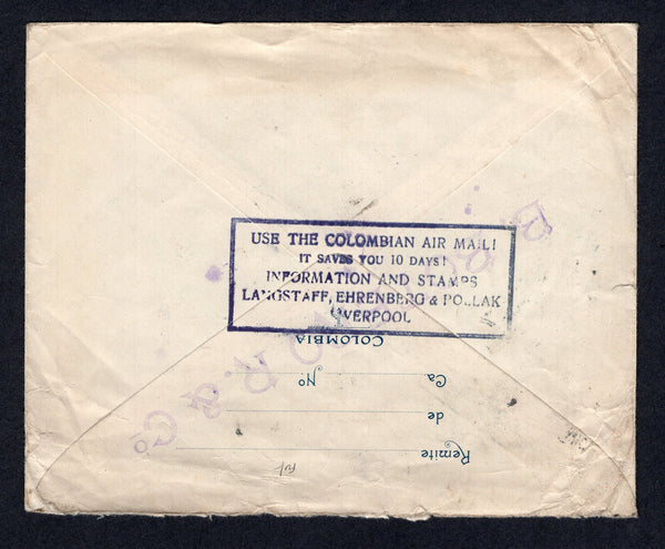 COLOMBIAN AIRMAILS - SCADTA - 1924 - CONSULAR AGENTS CACHETS: 10c blue postal stationery envelope (H&G B9) used with added 1923 30c dull blue SCADTA issue (SG 41) tied by BOGOTA SCADTA cds's dated 4. XII. 1924 with small italic 'Despachada en hidroavion' marking in purple alongside. Addressed to BIRMINGHAM, UK with fine strike of boxed 'Use the Colombian Airmail ! It saves you 10 Days ! Information and Stamps Langstaff, Ehrenberg & Pollak, Liverpool' British consular agents cachet in black on reverse.  (CO
