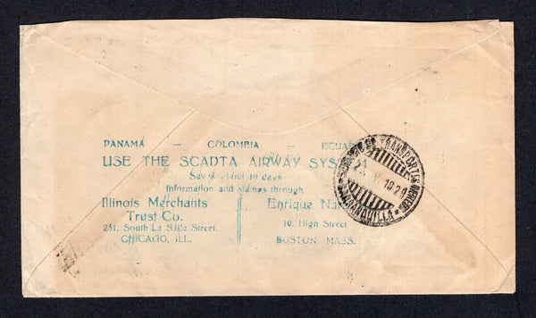 COLOMBIAN AIRMAILS - SCADTA - 1929 - CONSULAR AGENTS CACHETS: Window envelope franked with 1917 block of four 1c green 'National' issue and 1923 30c dull blue SCADTA issue (SG 358 & 41) tied by MEDELLIN SCADTA cds's dated 21. V. 1929. The cover would have been addressed to USA with fine strike of unframed 'PANAMA - COLOMBIA - ECUADOR Use the SCADTA Airway System, Saves about 10 Days, Information and Stamps through Illinois Merchants Trust Co. 231 South La Salle Street CHICAGO, ILL // Enrique Naranjo 10 Hig