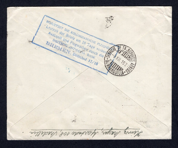 COLOMBIAN AIRMAILS - SCADTA - 1927 - CONSULAR AGENTS CACHETS: Cover franked with 1923 8c blue national issue and 1923 30c dull blue SCADTA issue (SG 397 & 41) tied by MEDELLIN SCADTA cds's in black dated 6. XII. 1927 with green airmail label alongside. Addressed to GERMANY with fine strike of boxed 'Benuetzet die Kolumbianische Flugpost ! Laufzeit der briefe um 18 tage verkuerzt ! Auskunft und Flugmarken durch die Deutsche Antioquia Bank, BREMEN. Domshof 17/18' German consular agents cachet in blue on reve