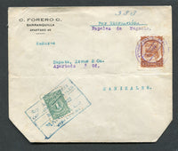 COLOMBIAN AIRMAILS - SCADTA - 1922 - RATE: Cover with typed 'Papeles de Negocio' at top with two clipped corners (to enable the postal officials to check the contents) franked with 1920 1c green PROVISIONAL 'Numeral' issue tied by large boxed MANIZALES CORREO URBANO cancel in blue dated NOV 14 1922 and 1920 15c yellow brown SCADTA issue tied by undated BARRANQUILLA SCADTA cds in purple (SG 382B & 20). Addressed to MANIZALES. A scarce business papers rate.  (COL/31536)