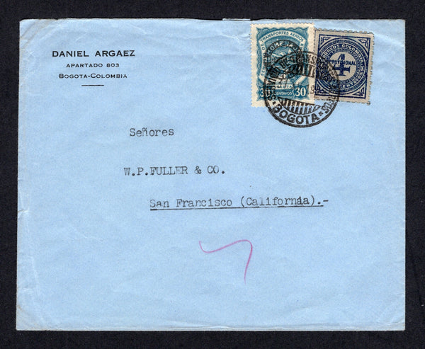 COLOMBIAN AIRMAILS - SCADTA - 1928 - COMMEMORATIVE ISSUE: Cover franked with 1926 4c deep blue on grey national issue and 1928 30c dull blue SCADTA issue with 'HOMENAJE A MENDEZ 28 DICBRE 1928' overprint in black (SG 411 & 55) tied by BOGOTA SCADTA cds dated 31. XII. 1928. Addressed to USA. A scarce stamp used on commercial cover.  (COL/31538)