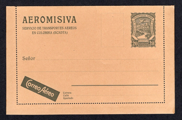 COLOMBIAN AIRMAILS - SCADTA - 1923 - POSTAL STATIONERY: 20c olive grey on dark buff 'Scadta' postal stationery lettercard (H&G FA1a) on watermarked paper. A fine unused example. Rare.  (COL/31544)